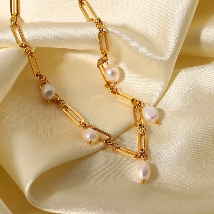 fashion retro titanium steelr pearl geometric necklace