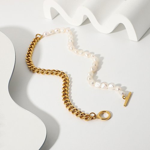 Classical freshwater pearl OT buckle stainless steel necklace