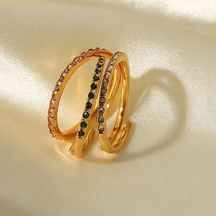 Anillo abierto geométrico de acero inoxidable a la moda, anillos de acero inoxidable con circón chapado en oro