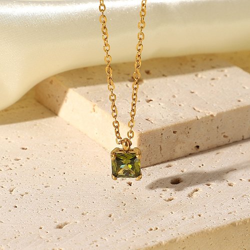 Same Style as European and American Web Celebrities Necklace 18K Gold Stainless Steel WhitePinkGreen Square Zircon Pendant Necklace Ornament for Women