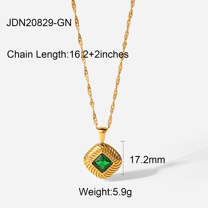 stainless steel ribbed button green zircon pendant necklace