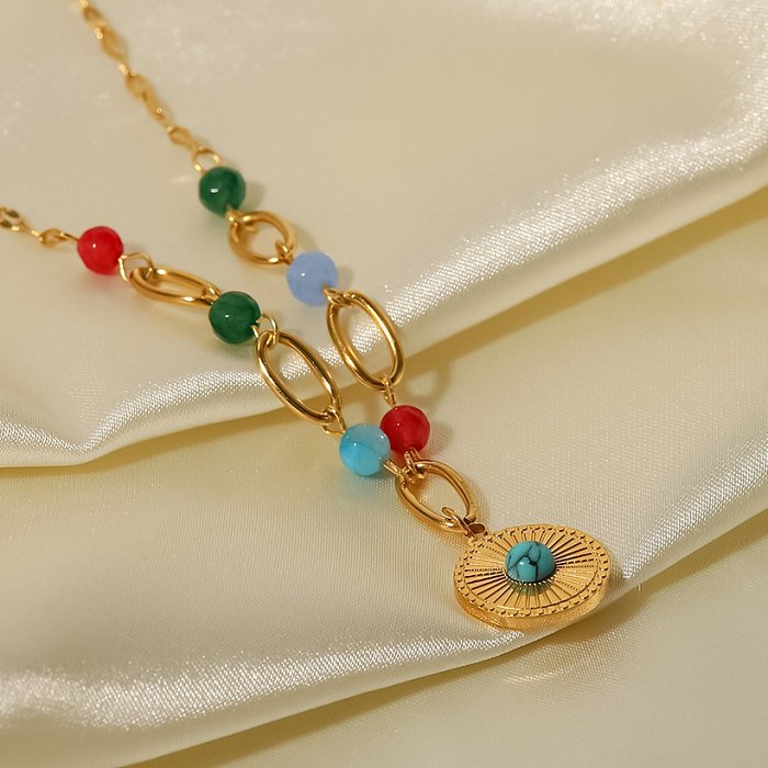 Fashion Round Stainless Steel Pendant Necklace Gold Plated Inlay Turquoise Stainless Steel Necklaces