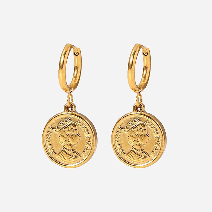Fashion Womens Stainless Steel Queen Elizabeth Avatar Coin Drop Earrings