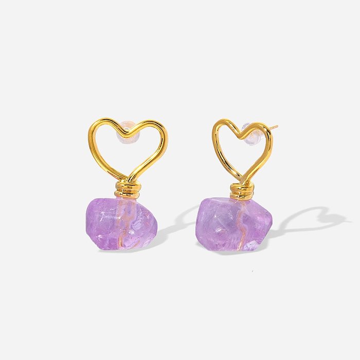 Boucles d'oreilles en acier inoxydable plaqué or 18 carats avec pendentif en pierre violette irrégulière en forme de coeur creux