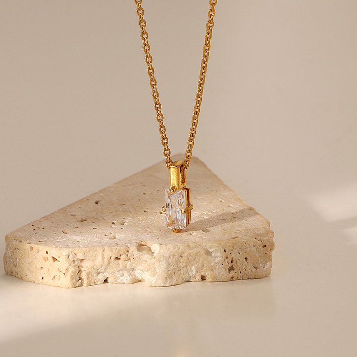 European and American goldplated stainless steel rectangular white zircon pendant necklace