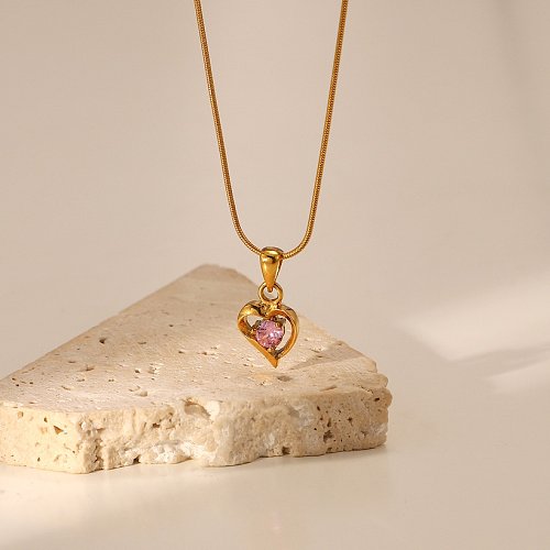 fashion goldplated stainless steel hollow heart inlaid pink zircon pendant necklace