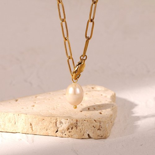 Fashion stainless steel paper clip chain pearl necklace