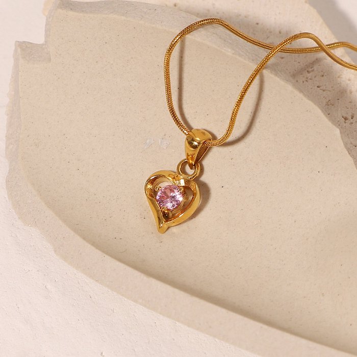 colar de pingente de zircão rosa de aço inoxidável banhado a ouro fashion embutido
