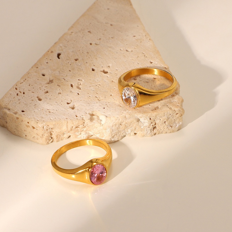 خاتم جديد من الزركون الوردي المطلي بالذهب عيار 18 قيراط من الفولاذ المقاوم  للصدأ الزركون الشفاف للنساء - Jewenoir