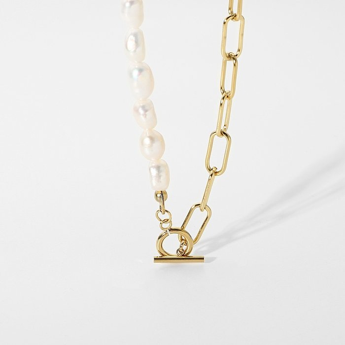 Joyería al por mayor estilo barroco empalme cadena de perlas collar de acero de titanio joyería
