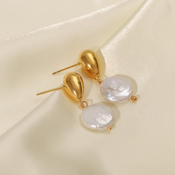 Elegantes aretes geométricos de acero inoxidable Pendientes de acero inoxidable con perlas chapadas en oro
