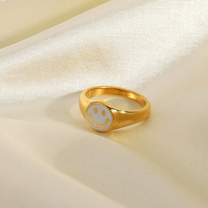 White dripping smiley face ring 18K gold stainless steel ring