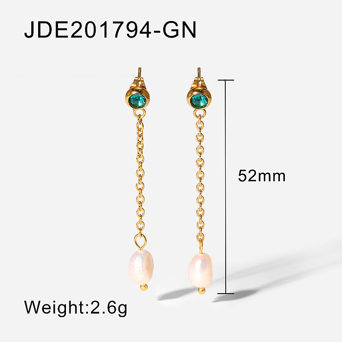 boucles d'oreilles simples en acier inoxydable blanc rose vert zircon longue chaîne pendentif perle