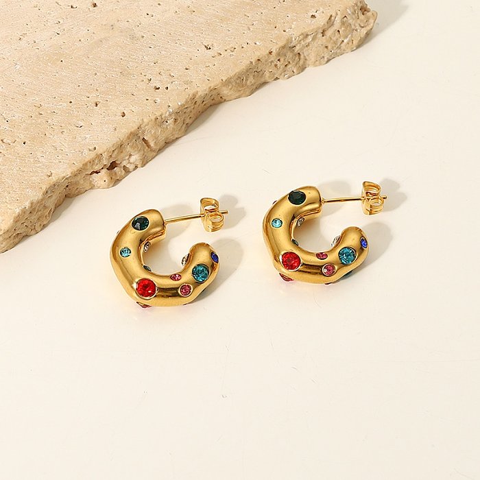 Fashion 18K Gold Stainless Steel Studs Color Zircon Shaped Hammer Pattern CShaped Earrings