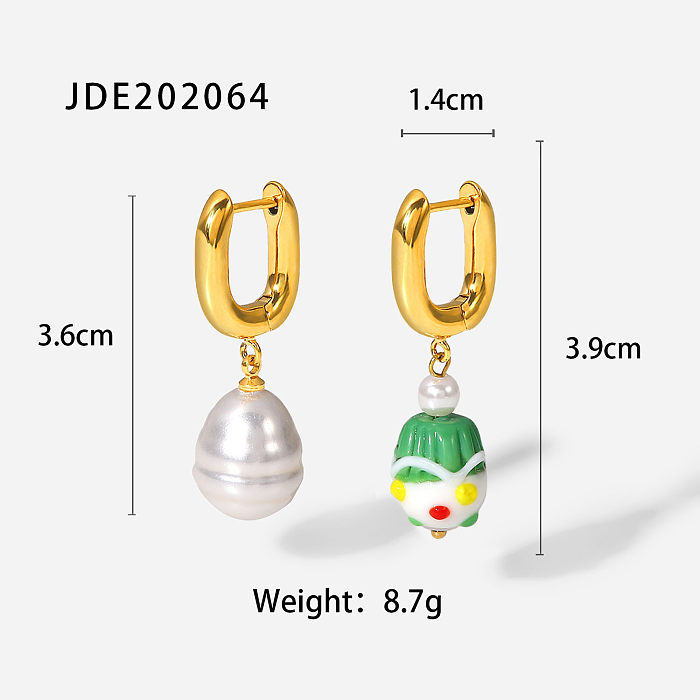 Vintage Style stainless steel 18K Gold plated Asymmetric Pearl Colored Glaze Pendant Earrings