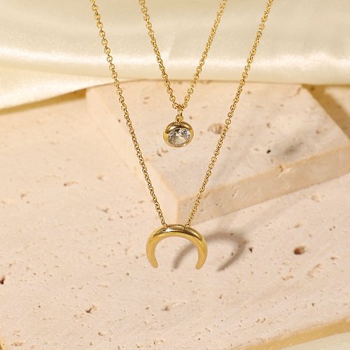 fashion 14K gold stainless steel upside down moon single zircon doublelayer necklace wholesale