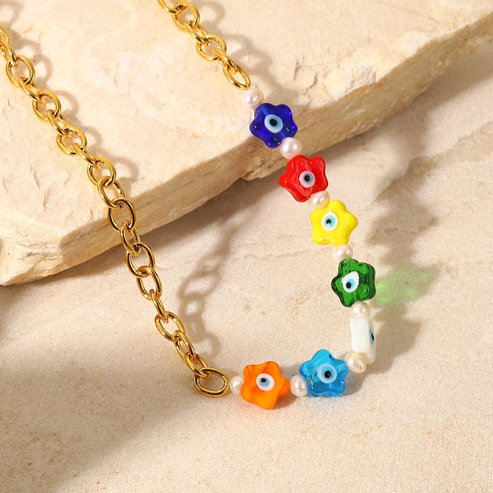 New Fashion Style 18 Karat vergoldeter Edelstahl Colored Glaze Flower Stitching Cross Chain Halskette