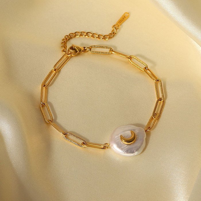 creative crescent inlaid pearl cross buckle chain 18K goldplated stainless steel bracelet