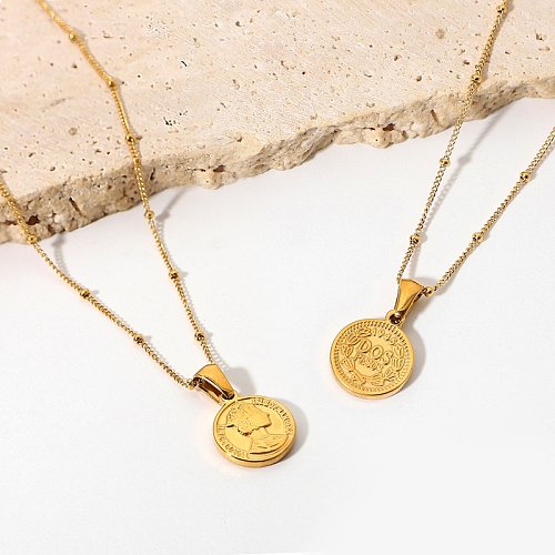 Vintage Stainless Steel Jewelry 18K Gold Bead Chain Hyperbolic Queen Elizabeth Disc Coin Pendant Necklace