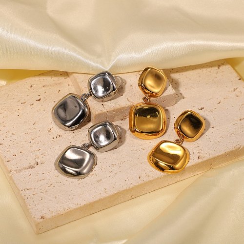 Nuevos Pendientes de gota cuadrada de metal cóncavo chapado en oro de 18 quilates Pendientes de dos caras de acero inoxidable