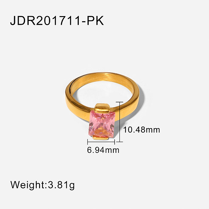 European and American new rectangular pink zircon ring stainless steel 18K gold womens jewelry