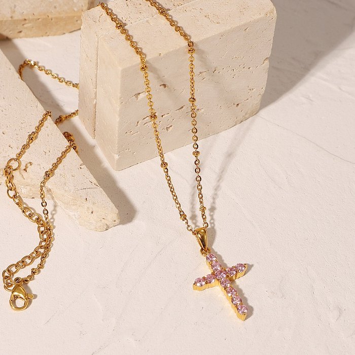 simple 18K goldplated stainless steel pink zircon cross pendant necklace