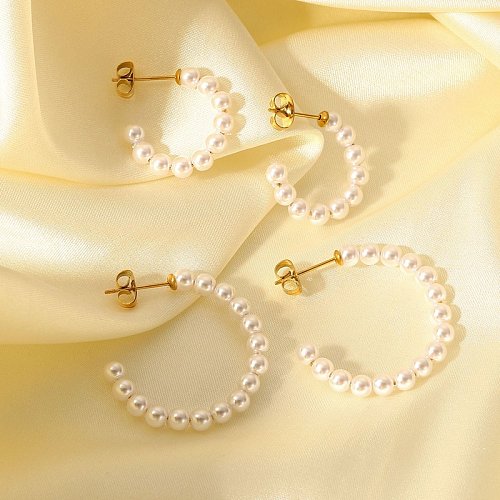 fashion 18K gold stainless steel Cshaped pearl hoop earrings