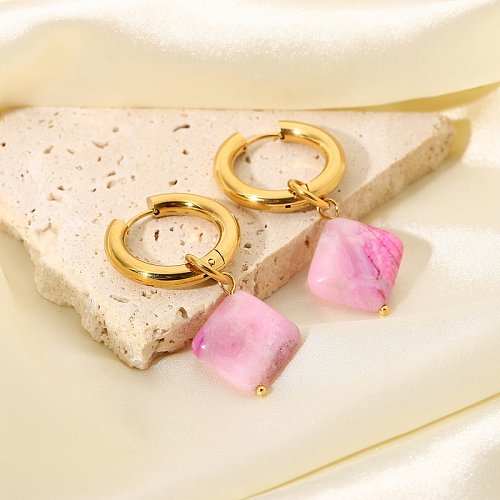 vente en gros pendentif en pierre naturelle rose en forme de diamant boucles d'oreilles en acier inoxydable bijoux