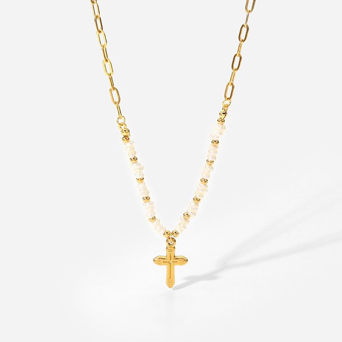 Pendentif croix en or 18 carats perles d'eau douce naturelles couture collier en acier inoxydable