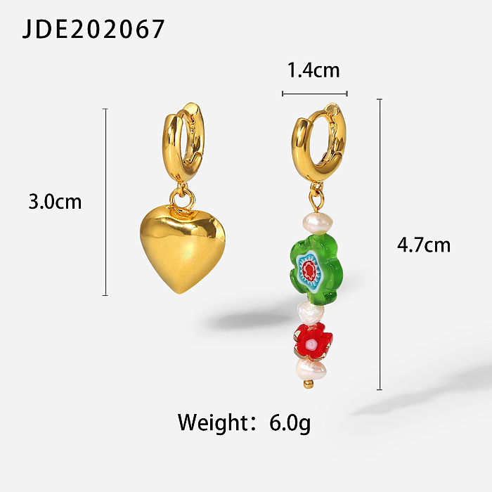 fashion stainless steel 18K Gold plated Asymmetric Heart Painted Flower Glaze Pearl Earrings