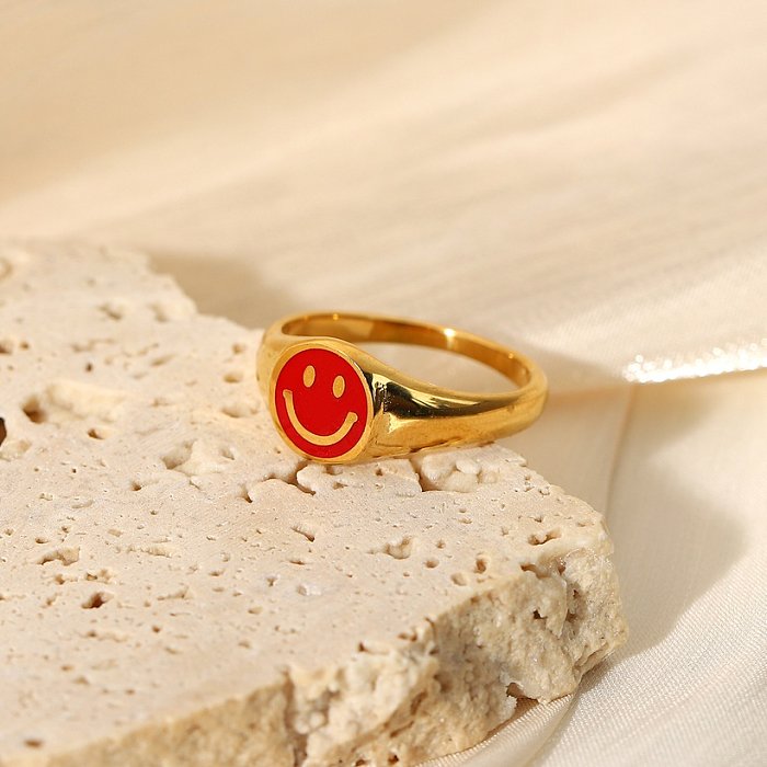 Red dripping smiley face ring 18K gold stainless steel ring