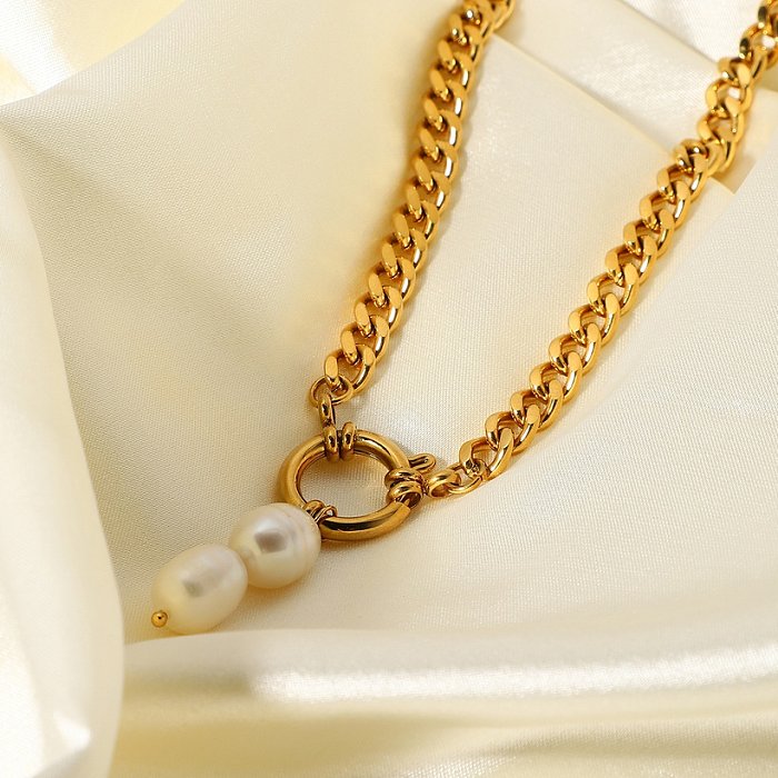 European and American Stainless Steel 18K Gold Stainless Steel Pearl Pendant Spring Clasp Cuban Chain Necklace