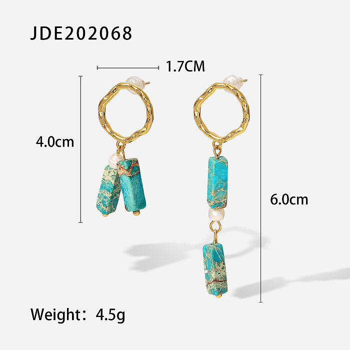 new Style Stainless Steel 18K Gold plated Asymmetric Long Blue Natural Stone Pendant Earrings