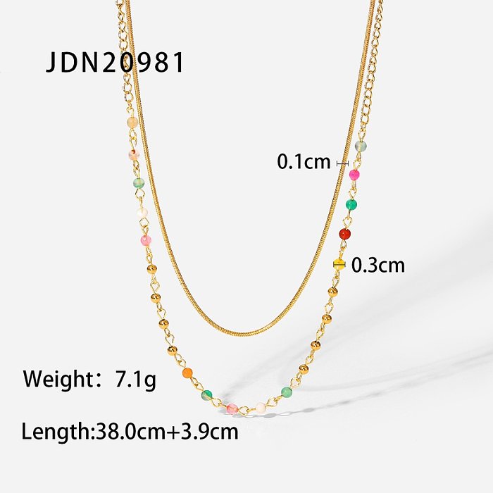 Fashion Colorful Stone Beads 18K Gold Stainless Steel Ball Bead Snake Chain Double Layer Titanium Steel Necklace