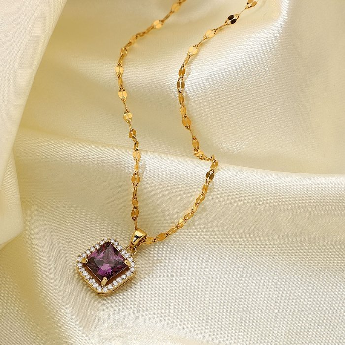 stainless steel chain white microinlaid zircon edging purple square zircon pendant necklace