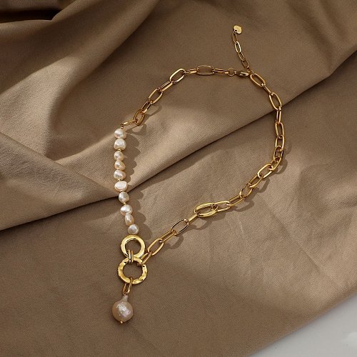 retro pearl pendant splicing chain stainless steel necklace