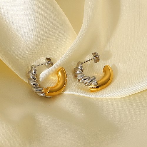 Brincos lisos em forma de C de aço inoxidável de ouro 18K com costura de torção para mulheres