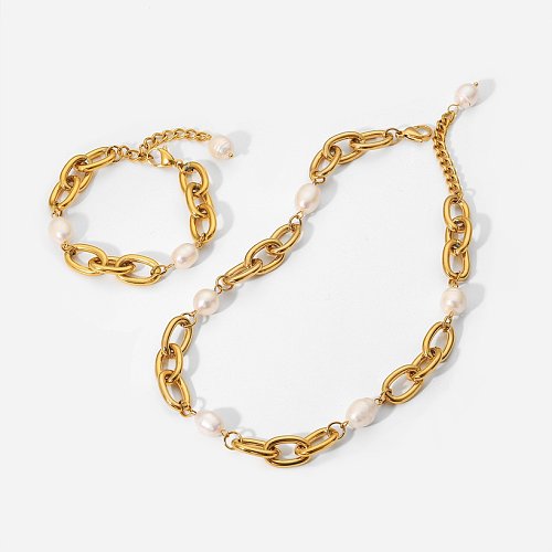 Pulseras de perlas artificiales de acero inoxidable geométrico de estilo simple de moda para mujer
