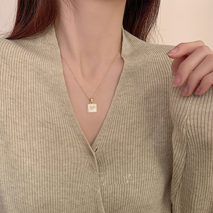 simple collier coquillage carré blanc en forme de coeur en acier inoxydable plaqué or 18 carats