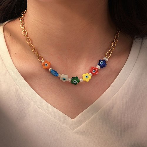 New Fashion Style 18 Karat vergoldeter Edelstahl Colored Glaze Flower Stitching Cross Chain Halskette