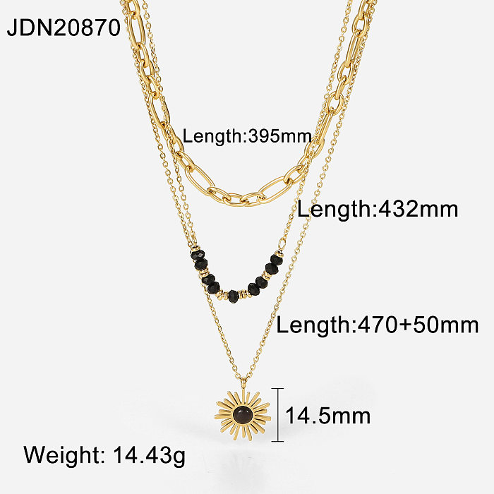 fashion contrast color black rice bead sunflower pendant threelayer necklace