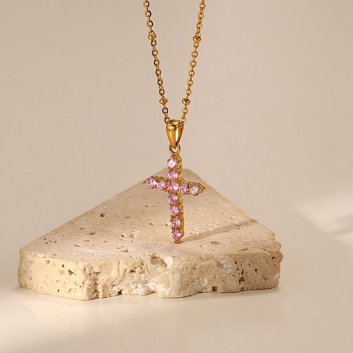 collier simple pendentif croix zircon rose en acier inoxydable plaqué or 18 carats
