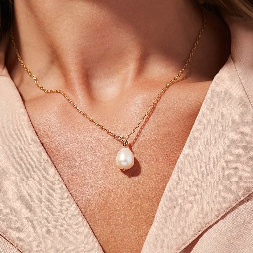 Collar de cadena de acero inoxidable con una sola perla de moda de 18 quilates, joyería al por mayor