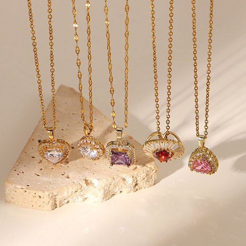 Fashion stainless steel chain microinlaid zircon purple square zircon pendant necklace
