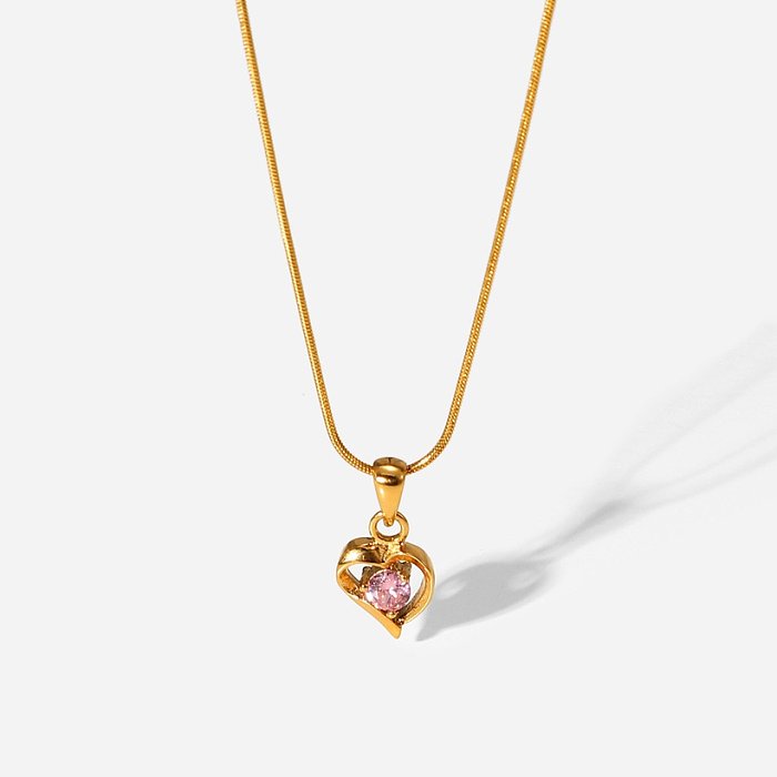 fashion goldplated stainless steel hollow heart inlaid pink zircon pendant necklace