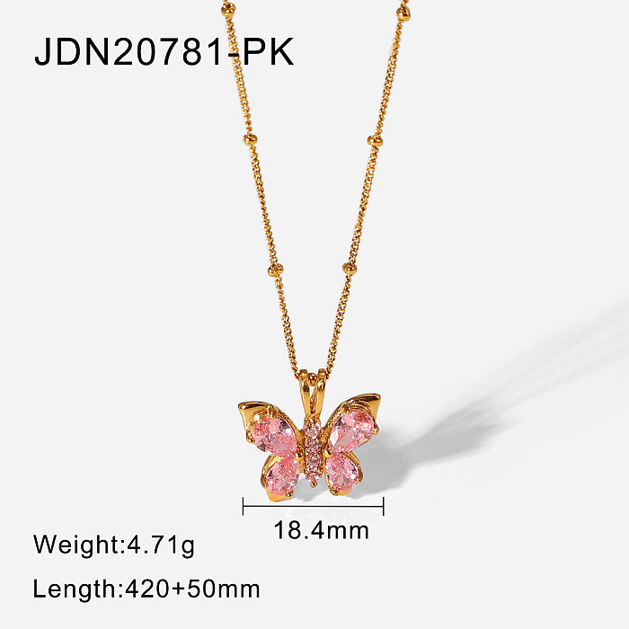 Novo colar de pingente em forma de borboleta de zircão rosa de aço inoxidável banhado a ouro 18K