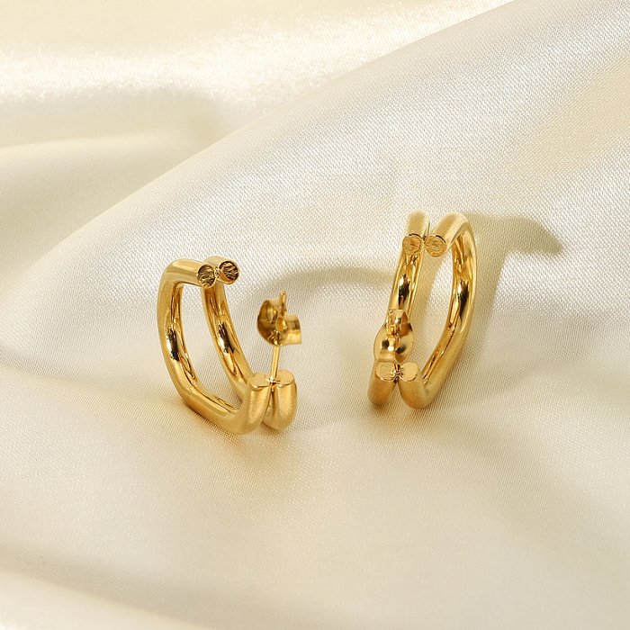 brincos de argola em forma de C duplo de aço inoxidável banhado a ouro