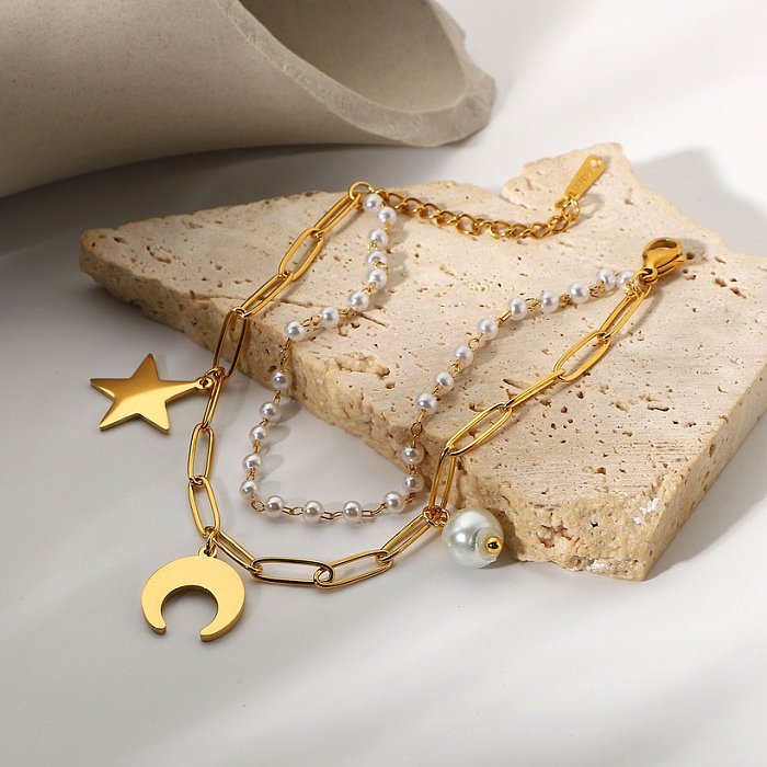 18K Gold Plated Stainless Steel Star Moon Pearl Pendant Double Layer Bracelet