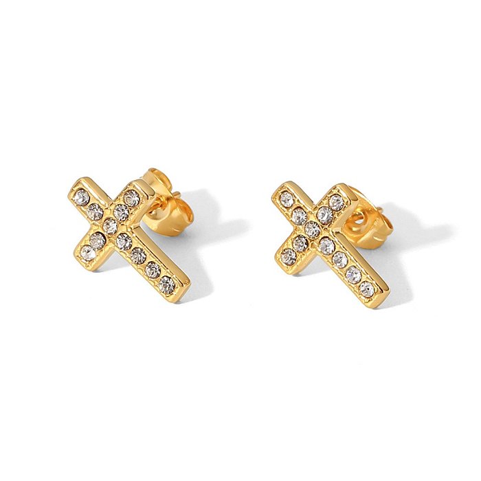 Fashion Cross Stainless Steel Ear Studs Gold Plated Zircon Stainless Steel Earrings