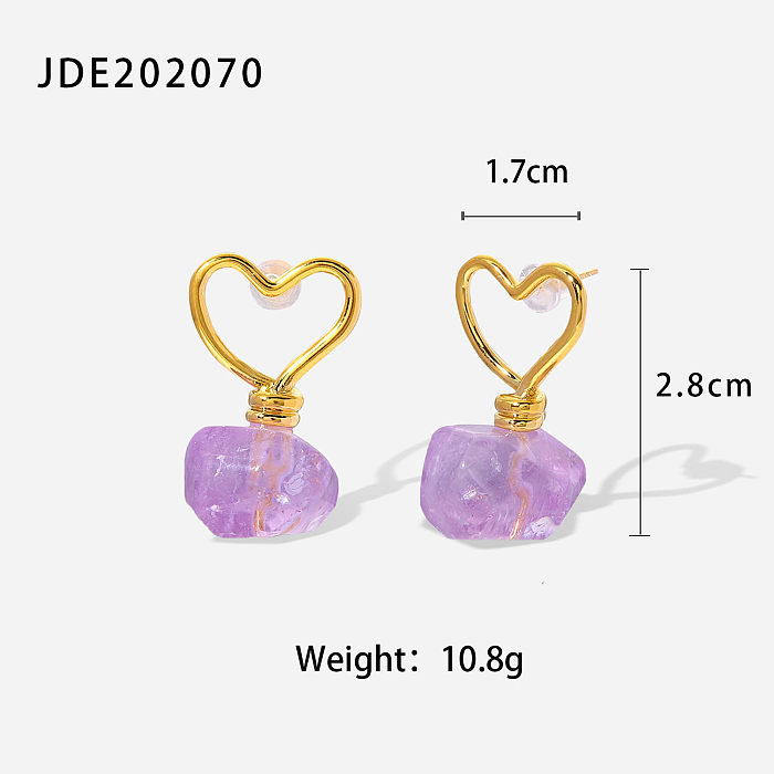 Colgante de piedra púrpura irregular con forma de corazón hueco a la moda Pendientes de acero inoxidable chapados en oro de 18 quilates